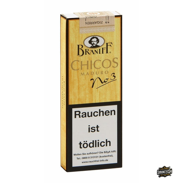 Braniff No. 3 Chicos Cigarillos – 10er Packung frontal, Arapiraca-Deckblatt