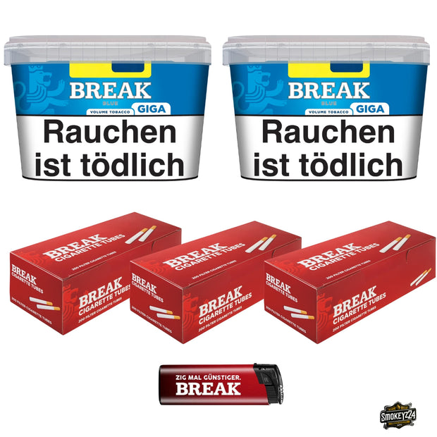 Break Blue Bundle mit zwei blauen 185g Giga Boxen, drei Packungen Break Filterhülsen und rotem Break Feuerzeug