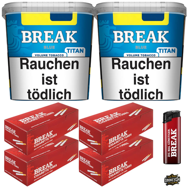 Break Blue Bundle mit zwei blauen 300g Titan Boxen, vier Packungen Break Filterhülsen und rotem Break Feuerzeug