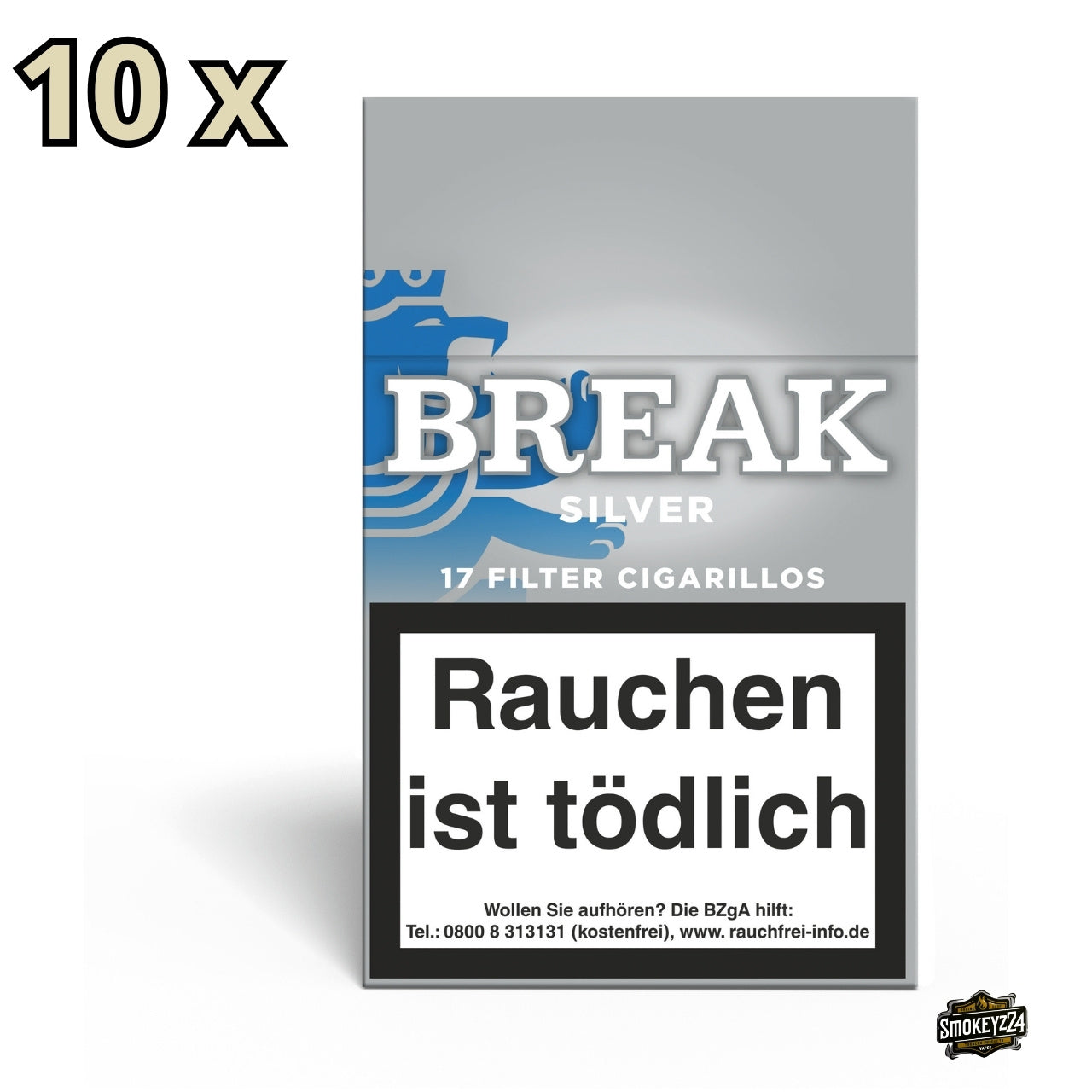 Break Silver Filter Cigarillos Stange mit 10 Schachteln à 17 Zigarillos, silberne Verpackung frontal abgebildet