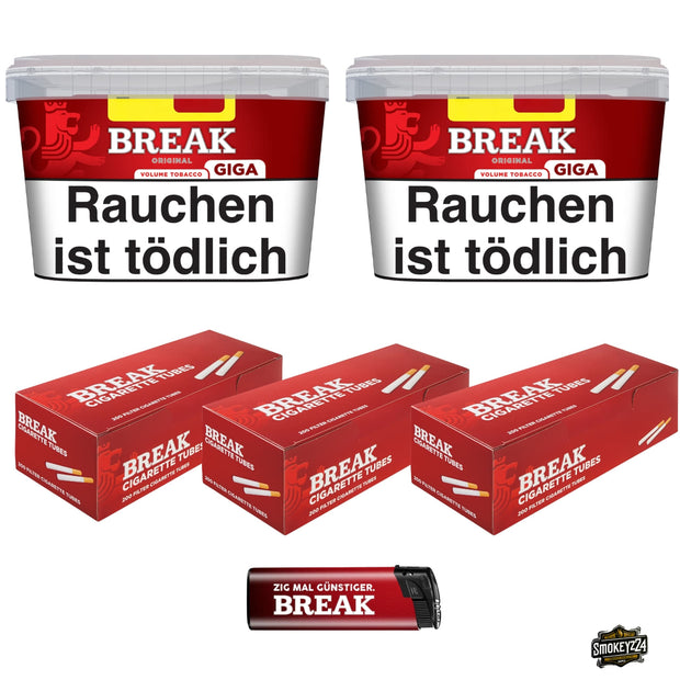 Break Original Red Bundle mit zwei roten 185g Giga Boxen, drei Packungen Break Filterhülsen und rotem Break Feuerzeug
