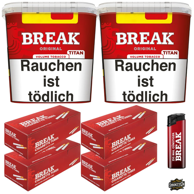 Break Original Red Bundle mit zwei roten 300g Titan Boxen, vier Packungen Break Filterhülsen und rotem Break Feuerzeug