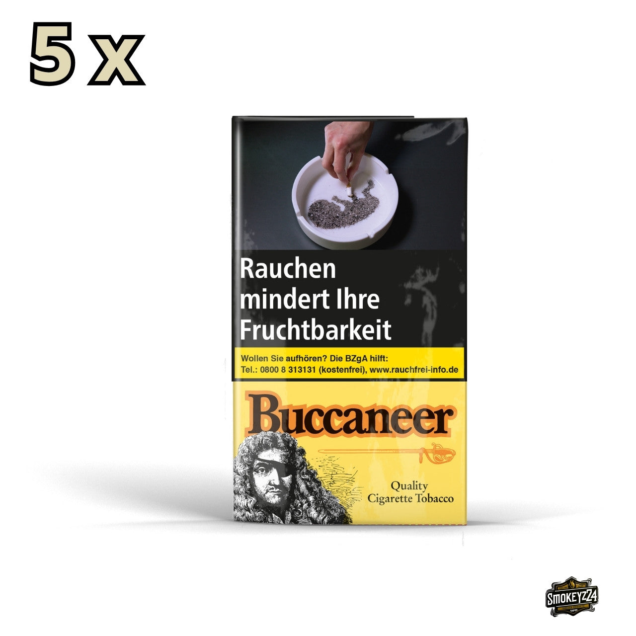 Buccaneer Drehtabak 5x40g Pouch Gebinde – Verpackung mit Piratenmotiv, 5-fach Set frontal fotografiert