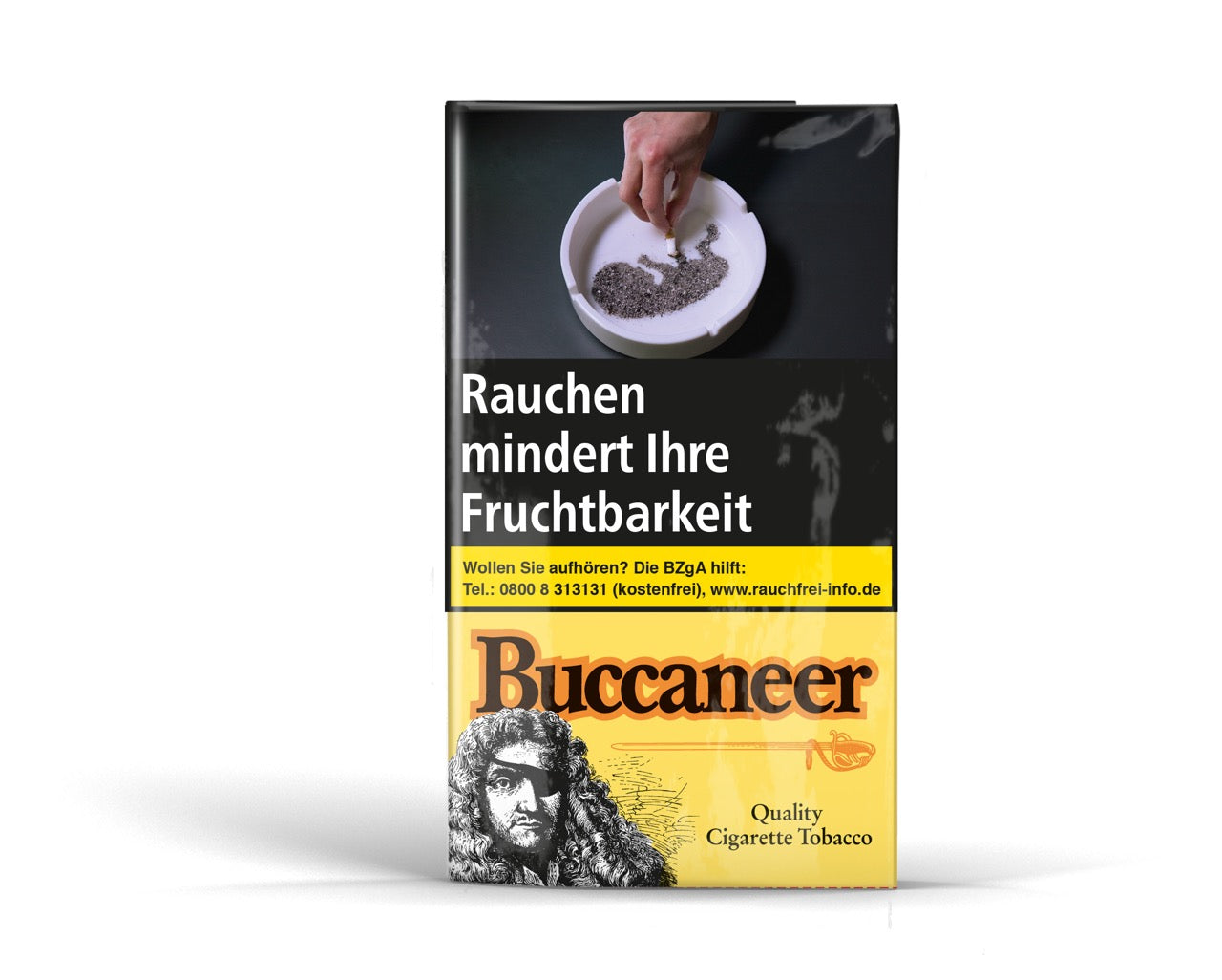 Buccaneer Drehtabak 40g Pouch – Verpackung mit Piratenmotiv, frontal fotografiert