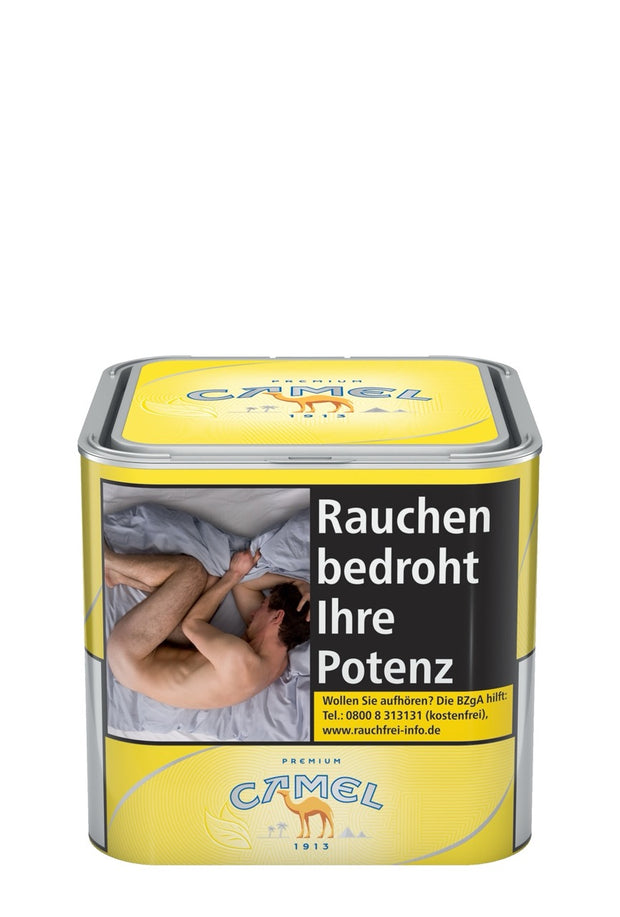 Dose Camel Premium Yellow Stopftabak 58g, Rückseite fotografiert, gelbes Etikett, wiederverschließbar