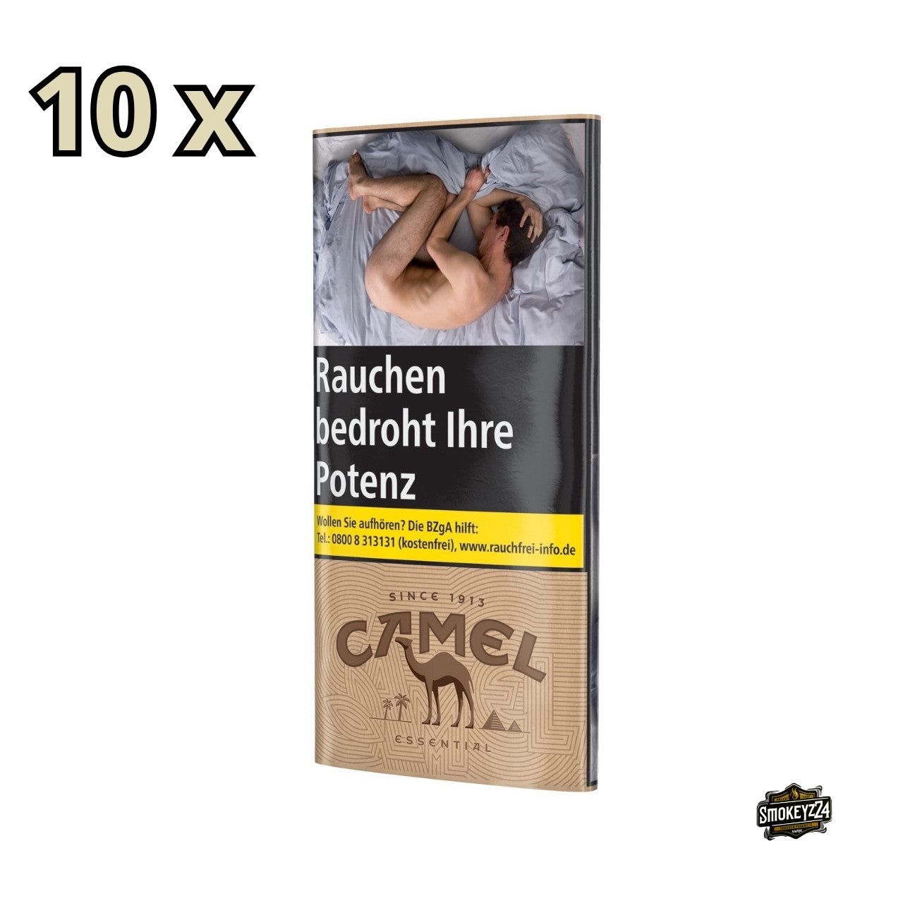 Camel Essential Tobacco Drehtabak Gebinde mit 10x30g Pouches, Verpackung frontal, natürliche Optik ohne Zusätze.