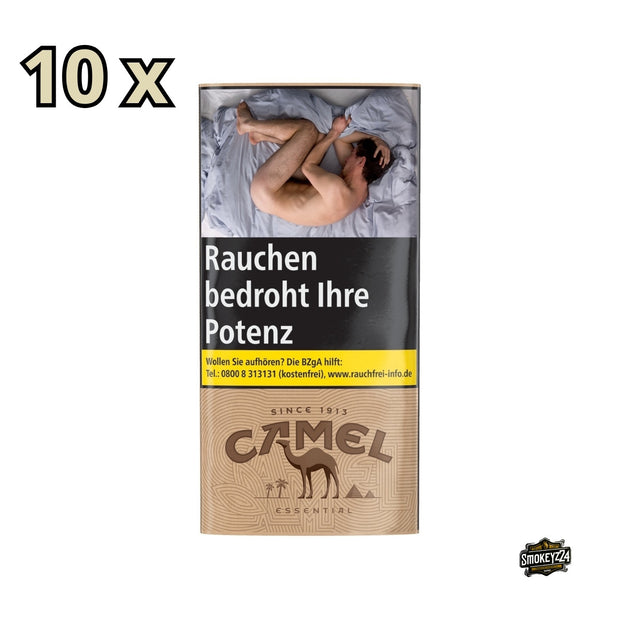Camel Essential Tobacco Drehtabak Gebinde 10x30g, leicht seitlich fotografiert, klassisches Camel Essential Design.