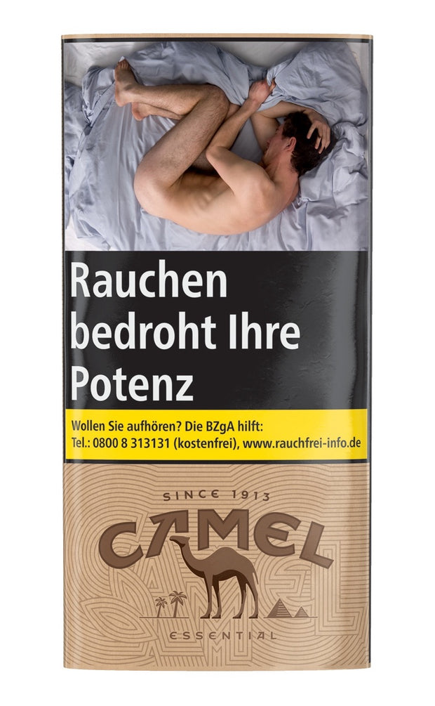 Camel Essential Tobacco Drehtabak 30g Pouch, Verpackung frontal, ohne Zusatzstoffe im klassischen Camel-Design.