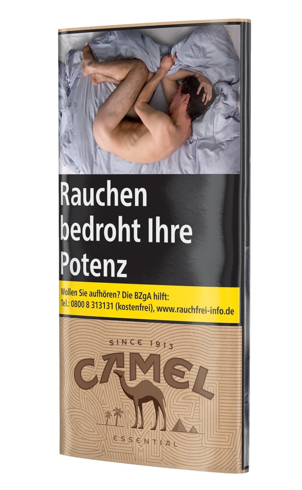Camel Essential Tobacco Drehtabak 30g Pouch, leicht seitlich fotografiert, minimalistisches Design ohne Zusätze.