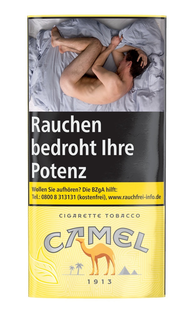 Camel Cigarette Tobacco Yellow 30g Pouch, frontal fotografiert, klassische gelbe Verpackung mit Camel-Logo.