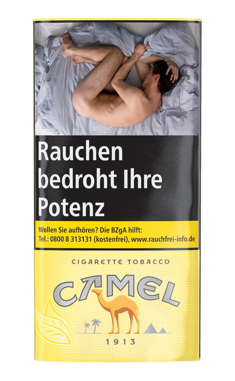 Camel Cigarette Tobacco Yellow 30g Pouch, frontal fotografiert, klassische gelbe Verpackung mit Camel-Logo.