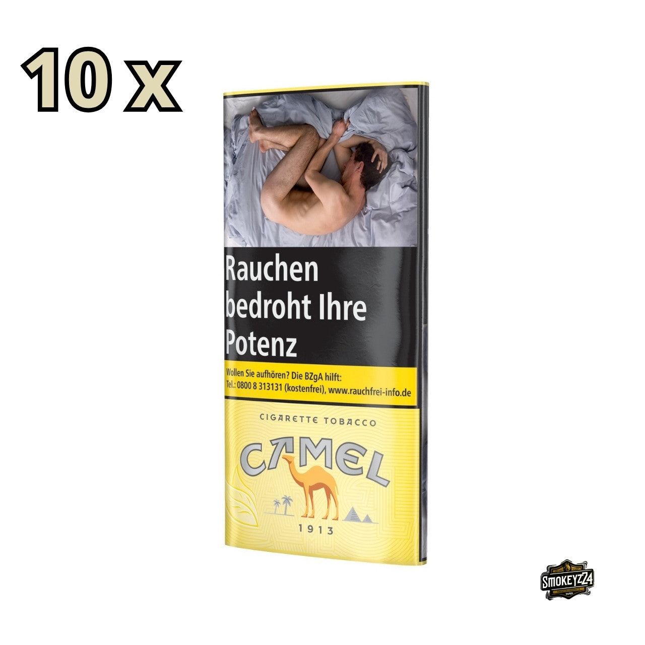 Camel Cigarette Tobacco Yellow 10x30g Pouches, leicht seitlich fotografiert, mehrere Pouches im klassischen Design.