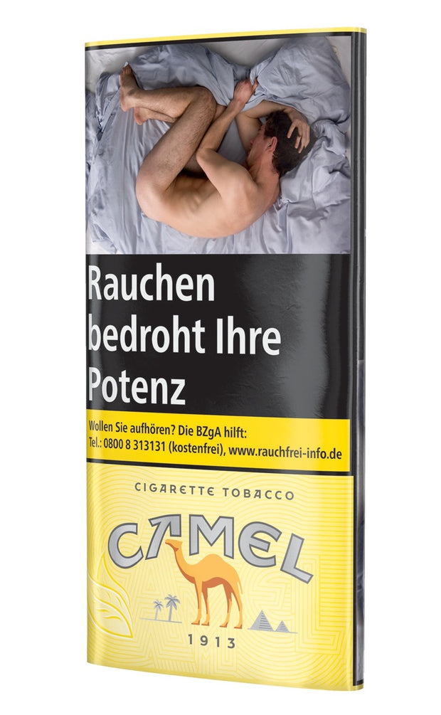 Camel Cigarette Tobacco Yellow 30g Pouch, leicht seitlich fotografiert, zeigt das ikonische Camel-Design und Tabakdetails.
