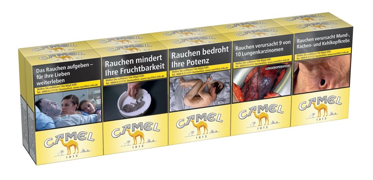 Stange Camel Yellow Zigaretten 10x20 – gelb, leicht seitlich fotografiert