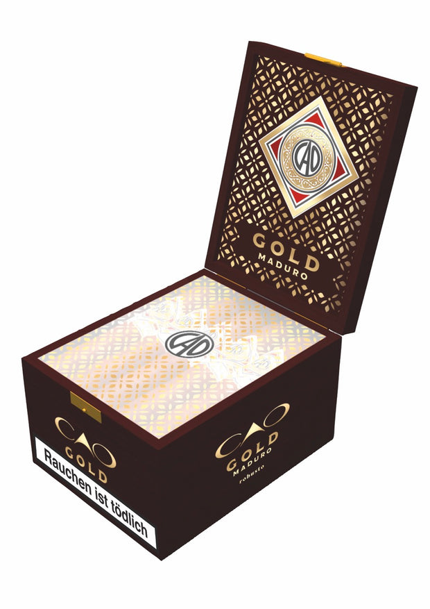 CAO Gold Maduro Robusto Zigarren – 20er Kiste, dunkle Verpackung, frontal fotografiert