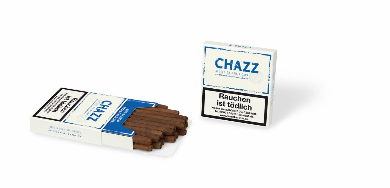CHAZZ Cigarillos 20er-Packung – natürliche Kartonverpackung, moderne Blautöne, Arnold André, geöffnet