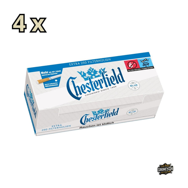 Chesterfield Blue Extra Hülsen – Verpackung seitlich gezeigt mit Produktinformationen in Blau