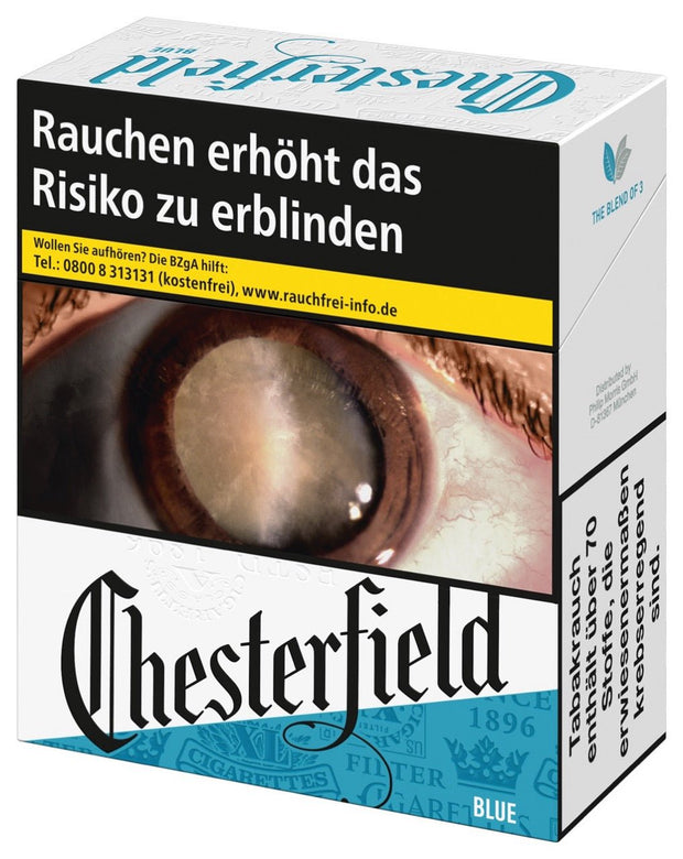 Chesterfield Blue Zigaretten – leicht seitlich fotografierte 38er-Packung in Blau