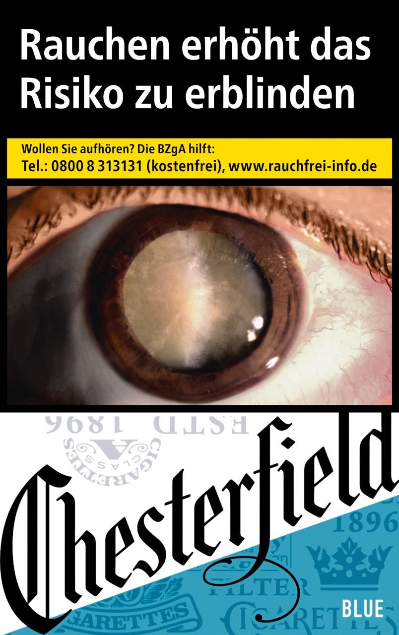 Chesterfield Blue Zigaretten Schachtel – Vorderseite mit Chesterfield Logo und Blue Design