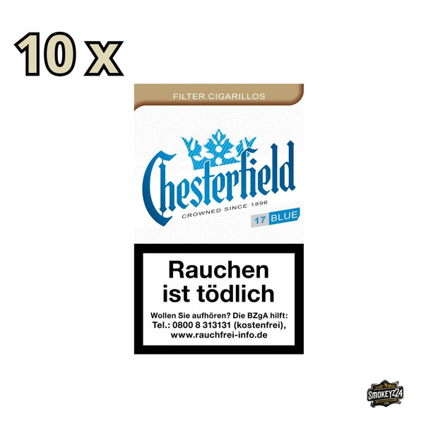 Chesterfield Cigarillos Blue – Stange mit geöffneter Packung, 10×17 Filterzigarillos in Blau