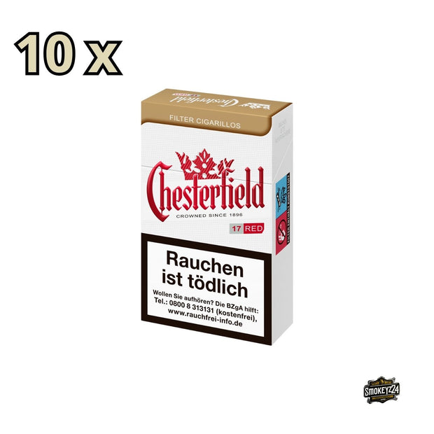 Chesterfield Cigarillos Red – Verpackung leicht seitlich mit kräftigem Design & Naturdeckblatt-Hinweis