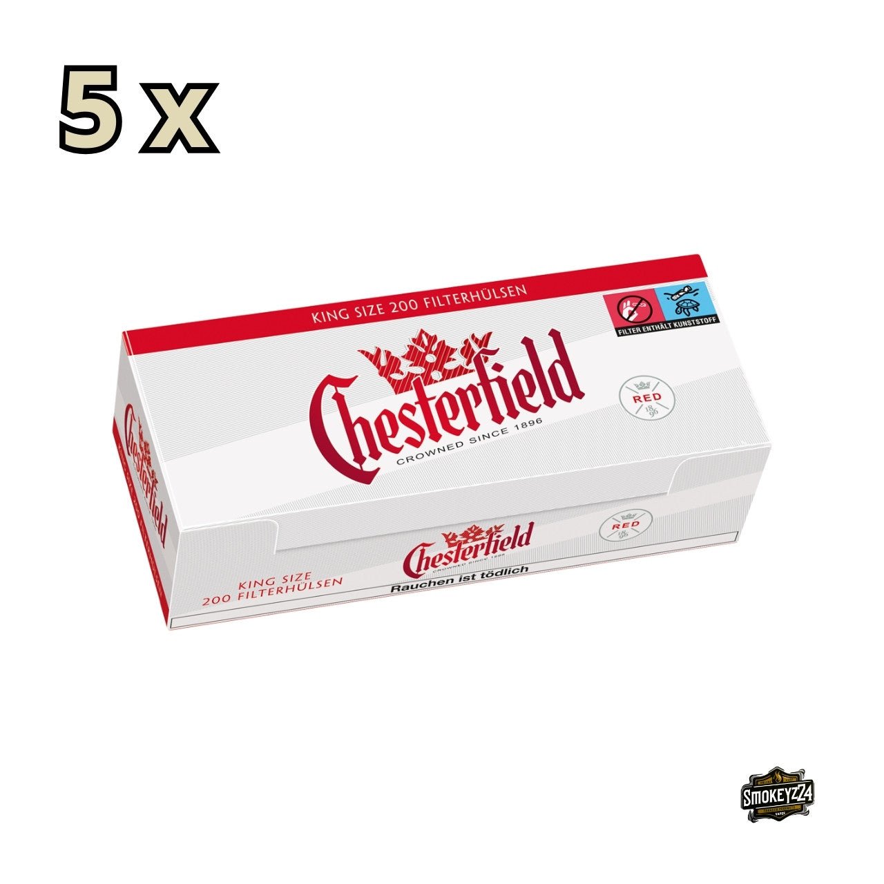 Chesterfield Red Hülsen – Verpackung mit 5×200 King Size Filterhülsen im kräftigen Rot