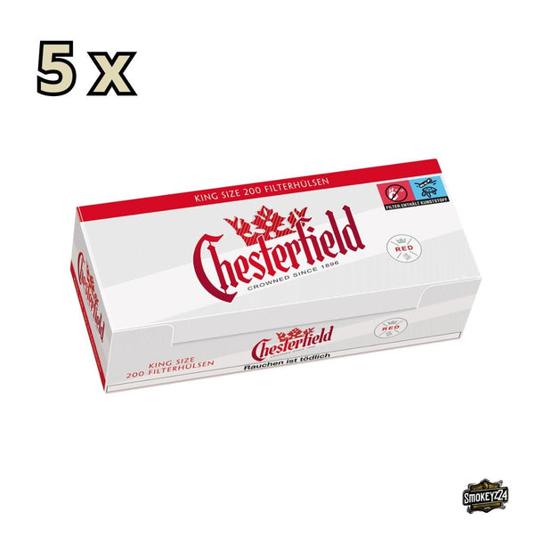 Chesterfield Red Hülsen – Verpackung mit 5×200 King Size Filterhülsen im kräftigen Rot