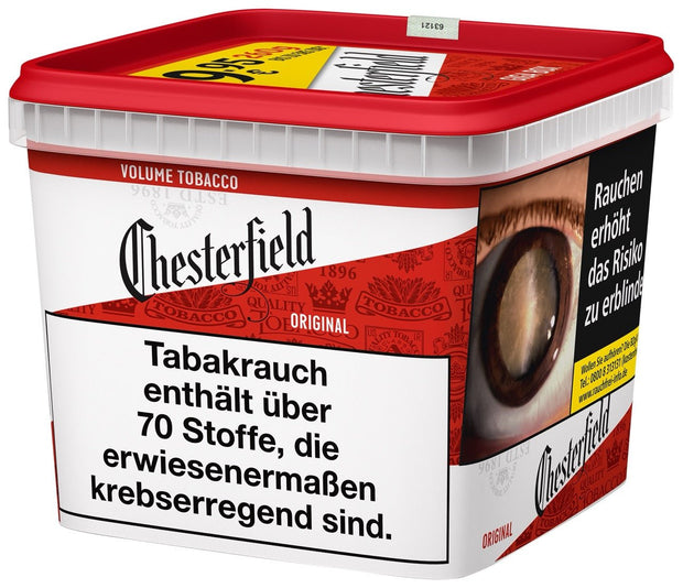 Chesterfield Red Volumentabak – große Giga Box seitlich mit Füllmengen- und Aromahinweis