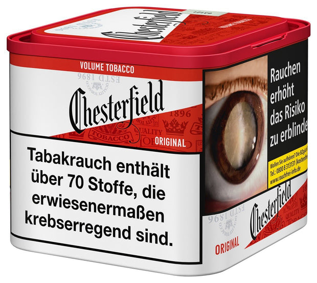 Chesterfield Volumentabak Red – Tabakdose seitlich mit Füllmengenangabe und Chesterfield-Design