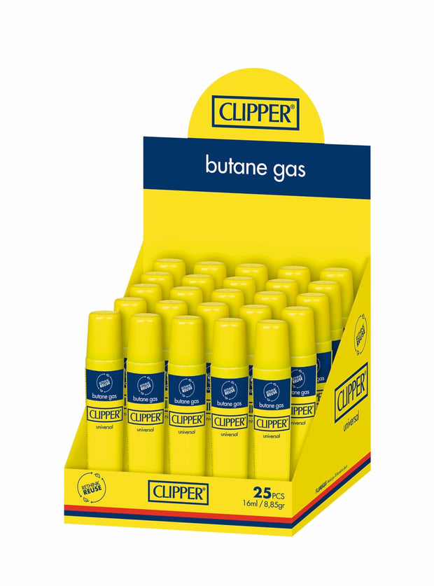 Clipper Butane Gas 25x16ml Sparpaket, Vorratskarton mit gelben Nachfüllflaschen