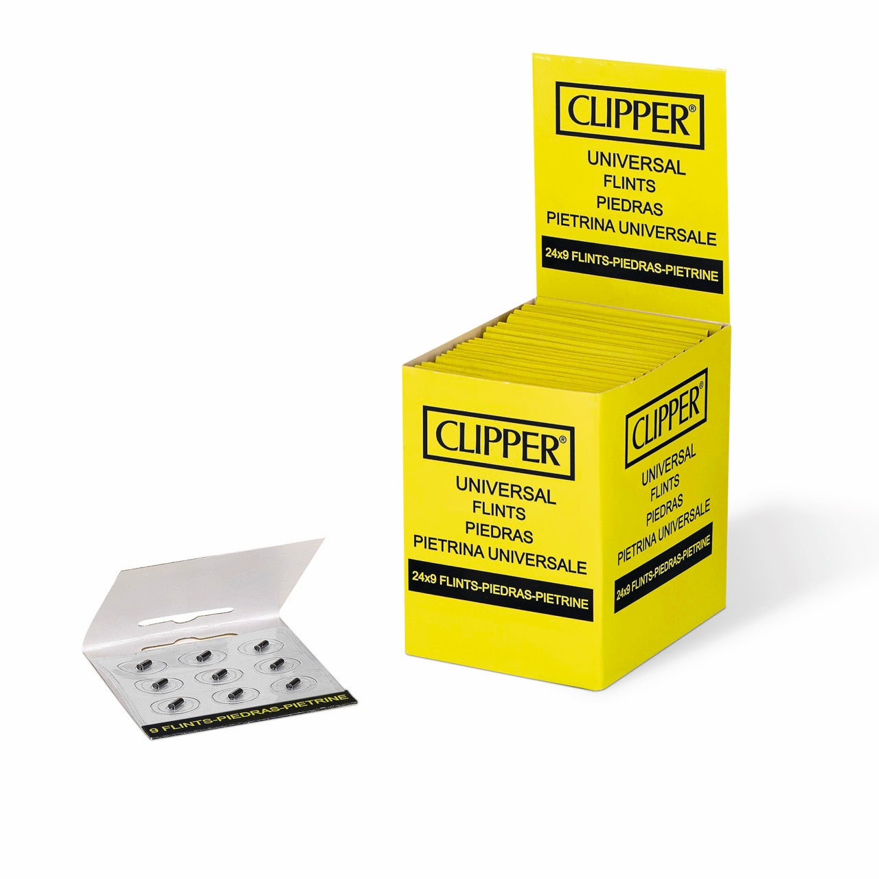 Clipper Feuersteine Sparpaket 24x9, Karton mit einzelner geöffneter Packung vorne