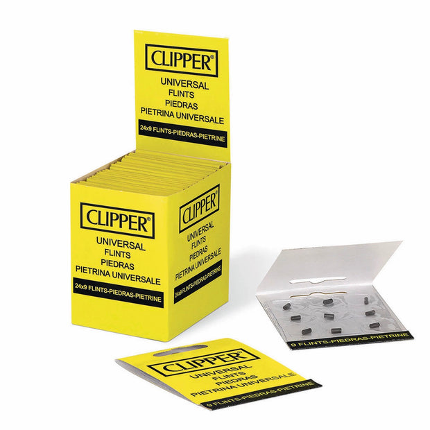 Clipper Feuersteine Sparpaket 24x9, Karton mit geöffneter und geschlossener Packung vorne