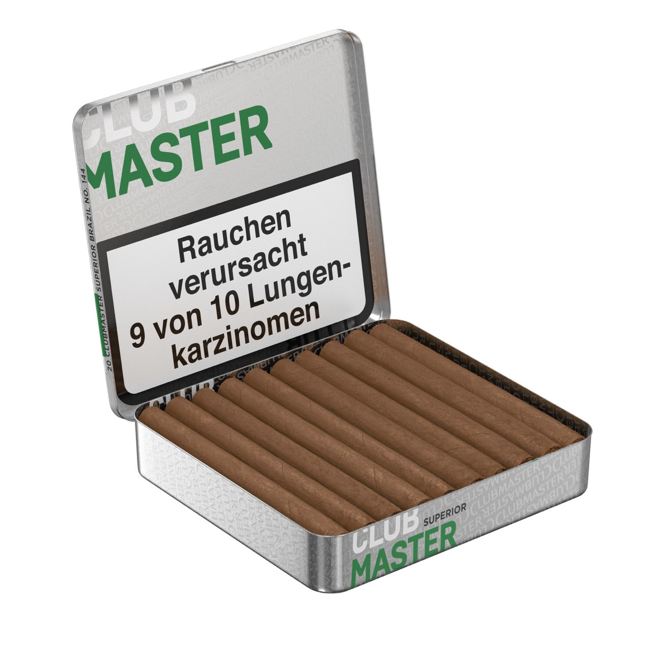 Geöffnete Packung Clubmaster 144 Superior Brazil mit sichtbaren Zigarillos
