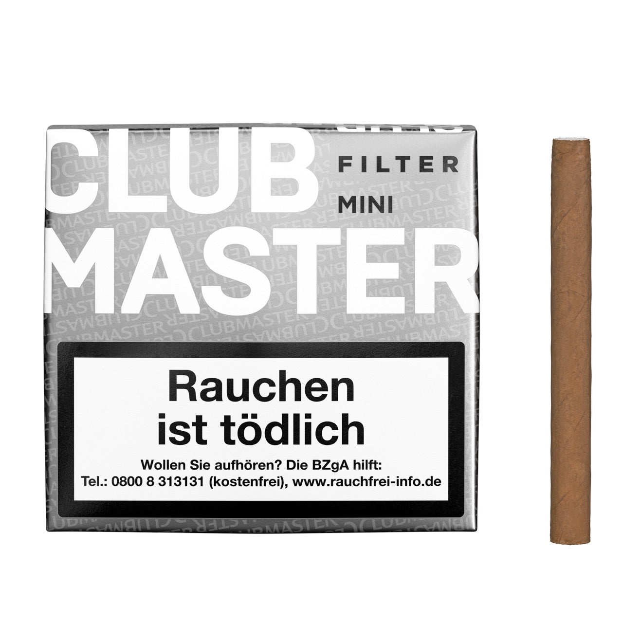 Clubmaster 176 Mini White Filter Zigarillos – geschlossene Packung mit Zigarillo daneben