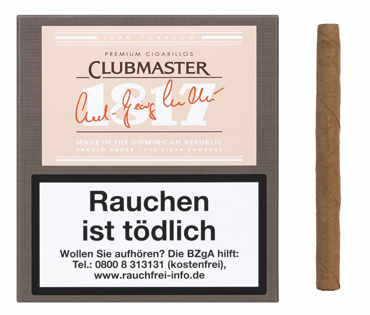 Clubmaster 1817 Premium Cigarillo – geschlossene Jubiläums-Packung mit Zigarillo daneben
