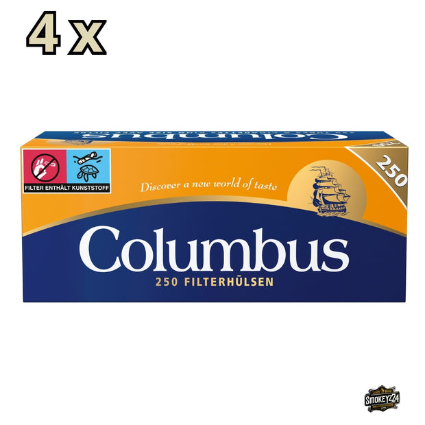 Columbus Filterhülsen King Size – 4x250 Box, Karton frontal mit 4x Hinweis