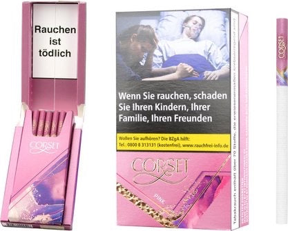 Geöffnete Corset Pink Slim Zigaretten 20er Packung, einzelne Superslim Zigarette daneben, Shell Pack, pink