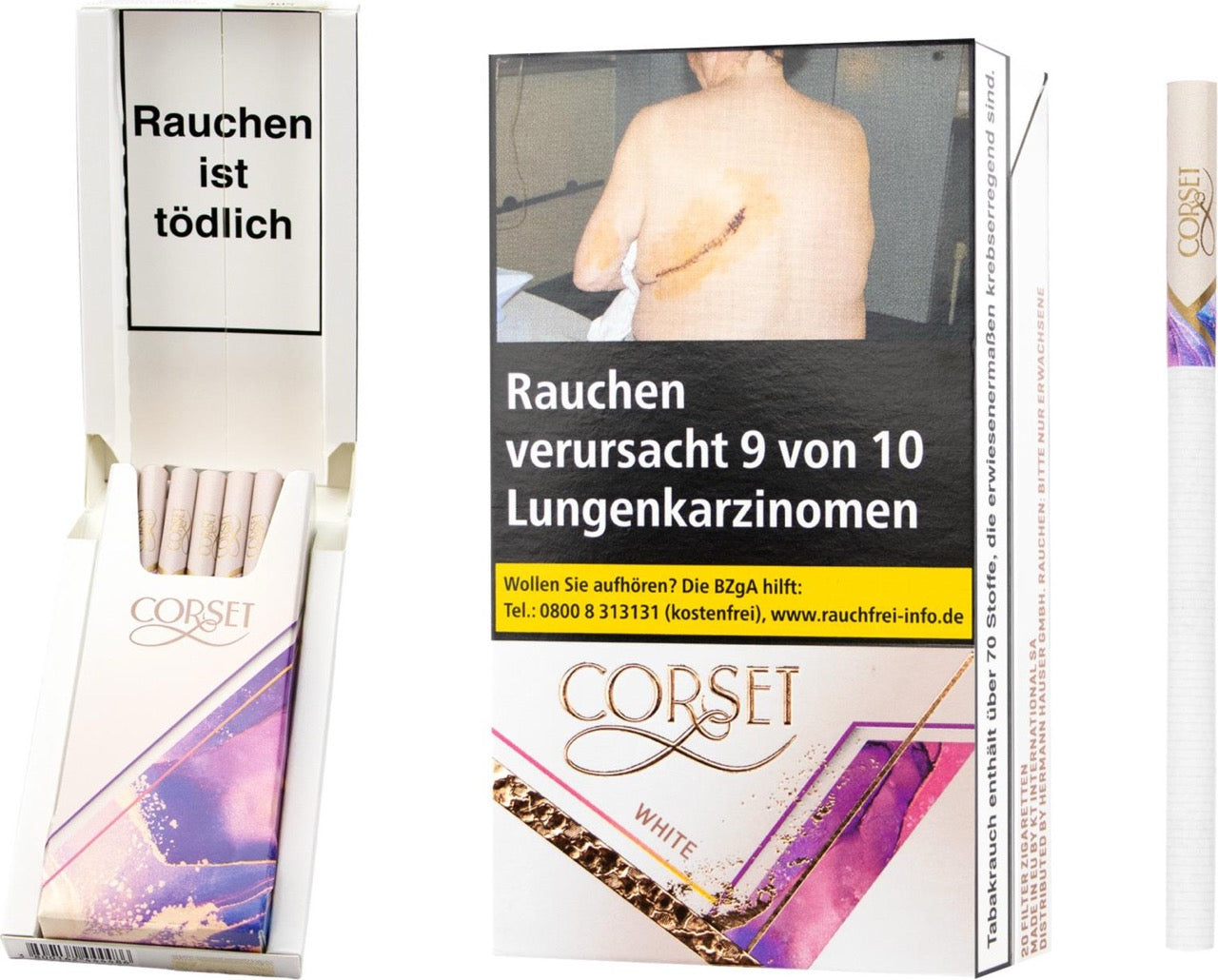 Geöffnete Corset White Slim Zigaretten 20er Packung, einzelne Superslim Zigarette daneben, Shell Pack, weiß