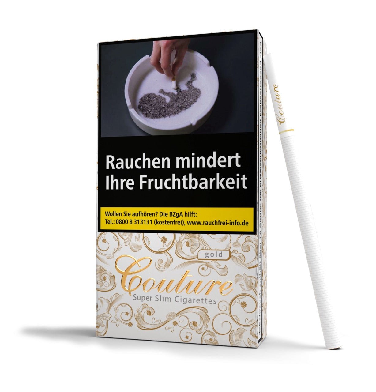 Couture Gold Superslim Schachtel leicht seitlich mit angelehnter Zigarette