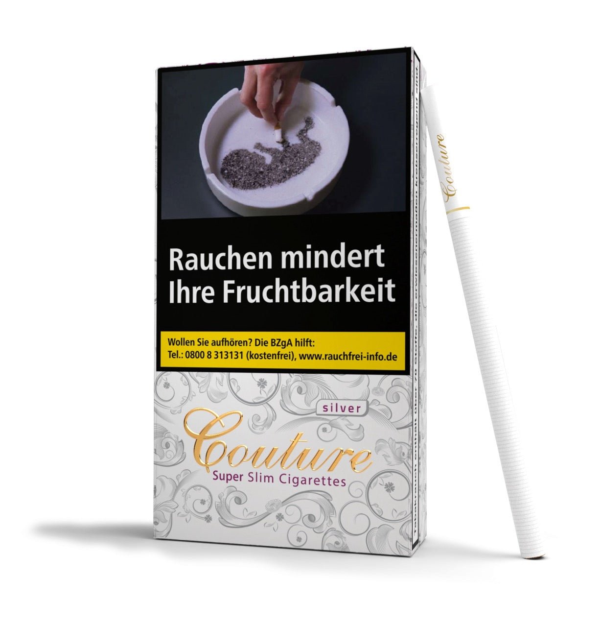 Couture Silver Superslim Schachtel leicht seitlich mit angelehnter Zigarette