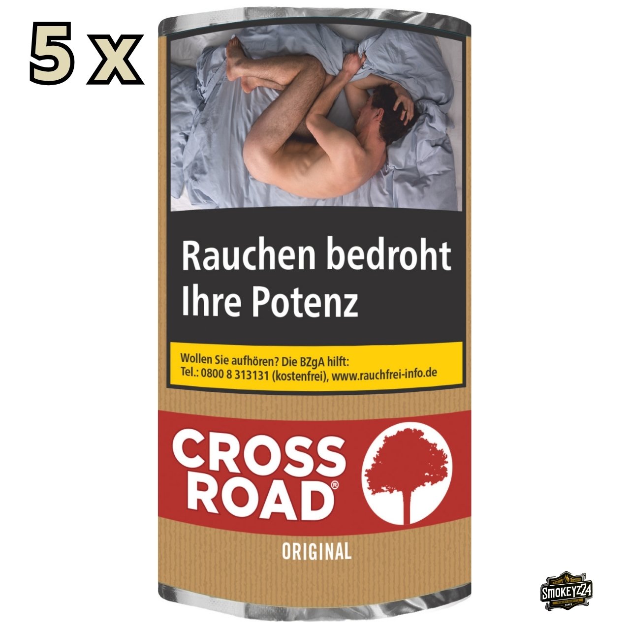 Crossroad Original Drehtabak 5x30g – Gebinde mit fünf einzelnen Pouches, Verpackung frontal fotografiert mit Mengenhinweis