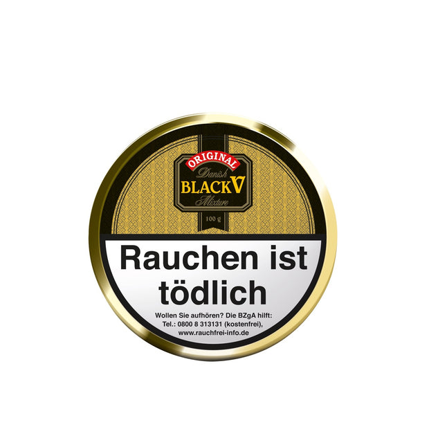 Original Danish Black V Pfeifentabak 100g Dose – milder Black Cavendish mit intensivem Vanille- und Nussaroma, locker-langer Schnitt
