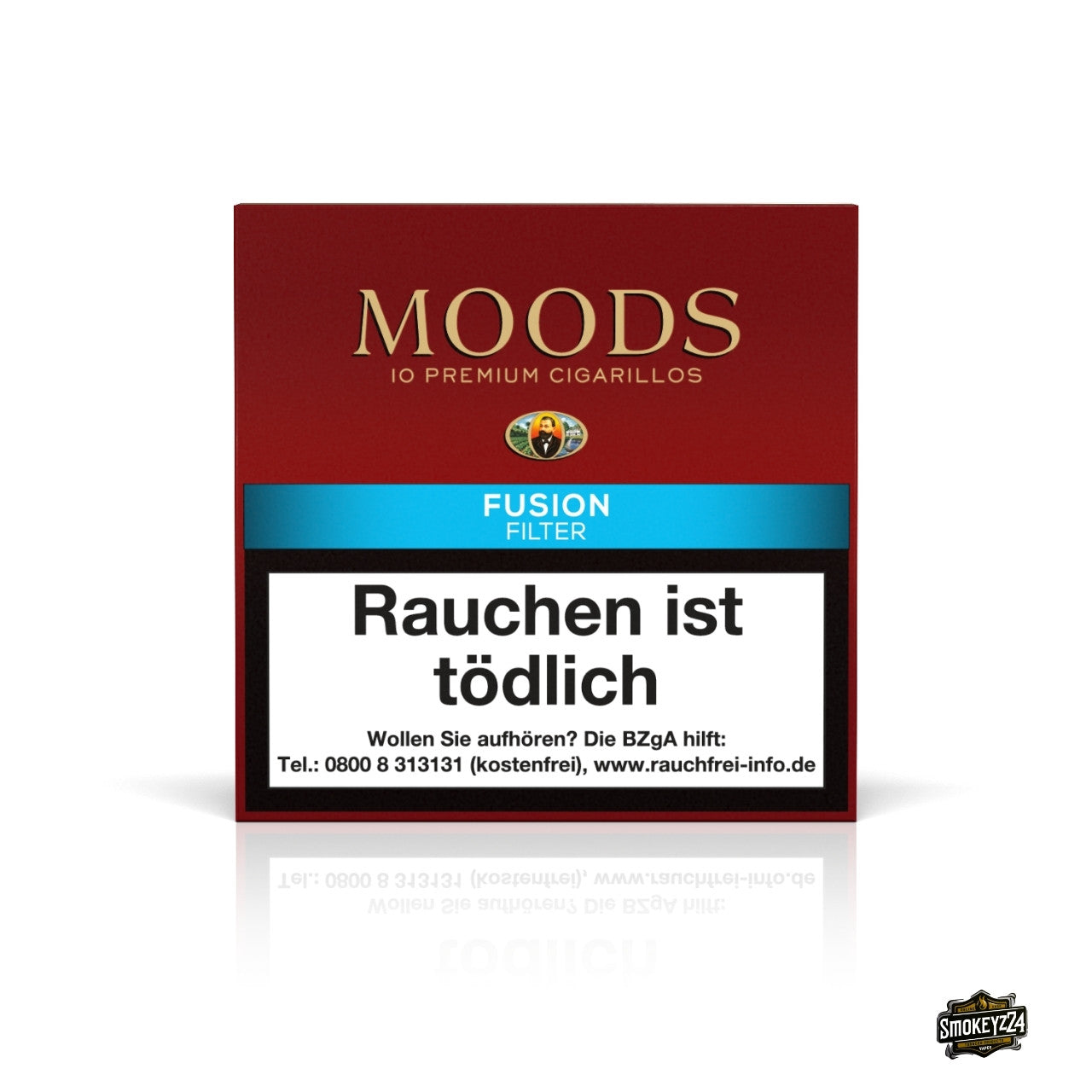 MOODS Fusion Filter Cigarillos 10er Packung frontal mit roter Verpackung und blauem Fusion Filter Schriftzug