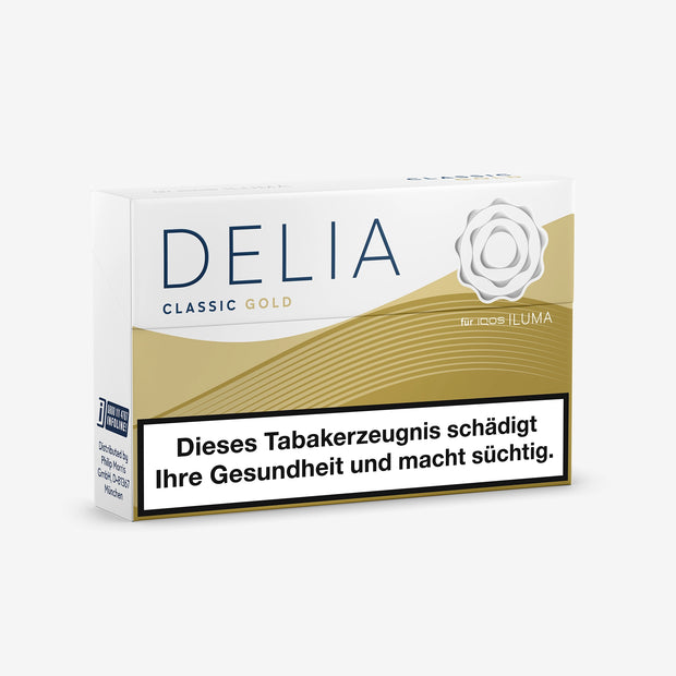 DELIA Gold – geschlossene Packung leicht seitlich mit klassischem Gold-Design