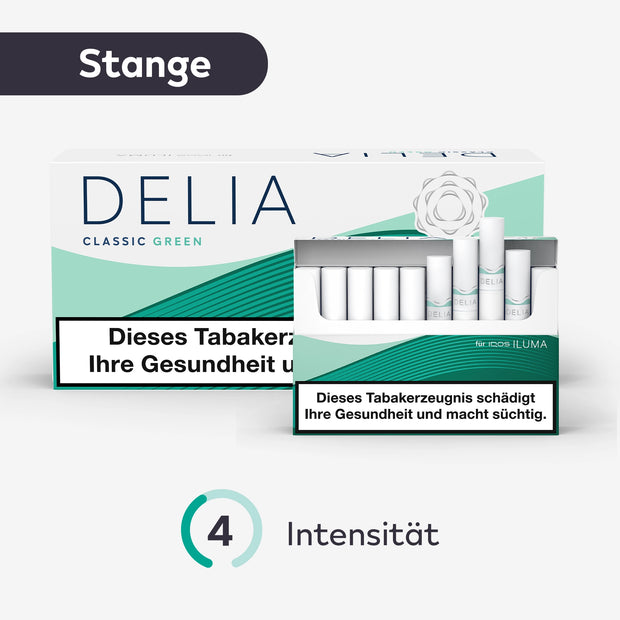 DELIA Green Tabaksticks – Stange mit geöffneter Schachtel und Intensitätsanzeige in Grün