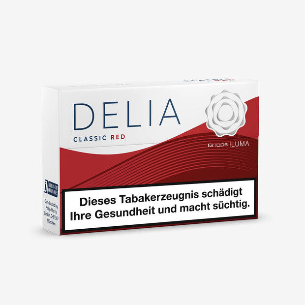 DELIA Red – geschlossene Tabakstick-Packung leicht seitlich im kräftigen Rotton