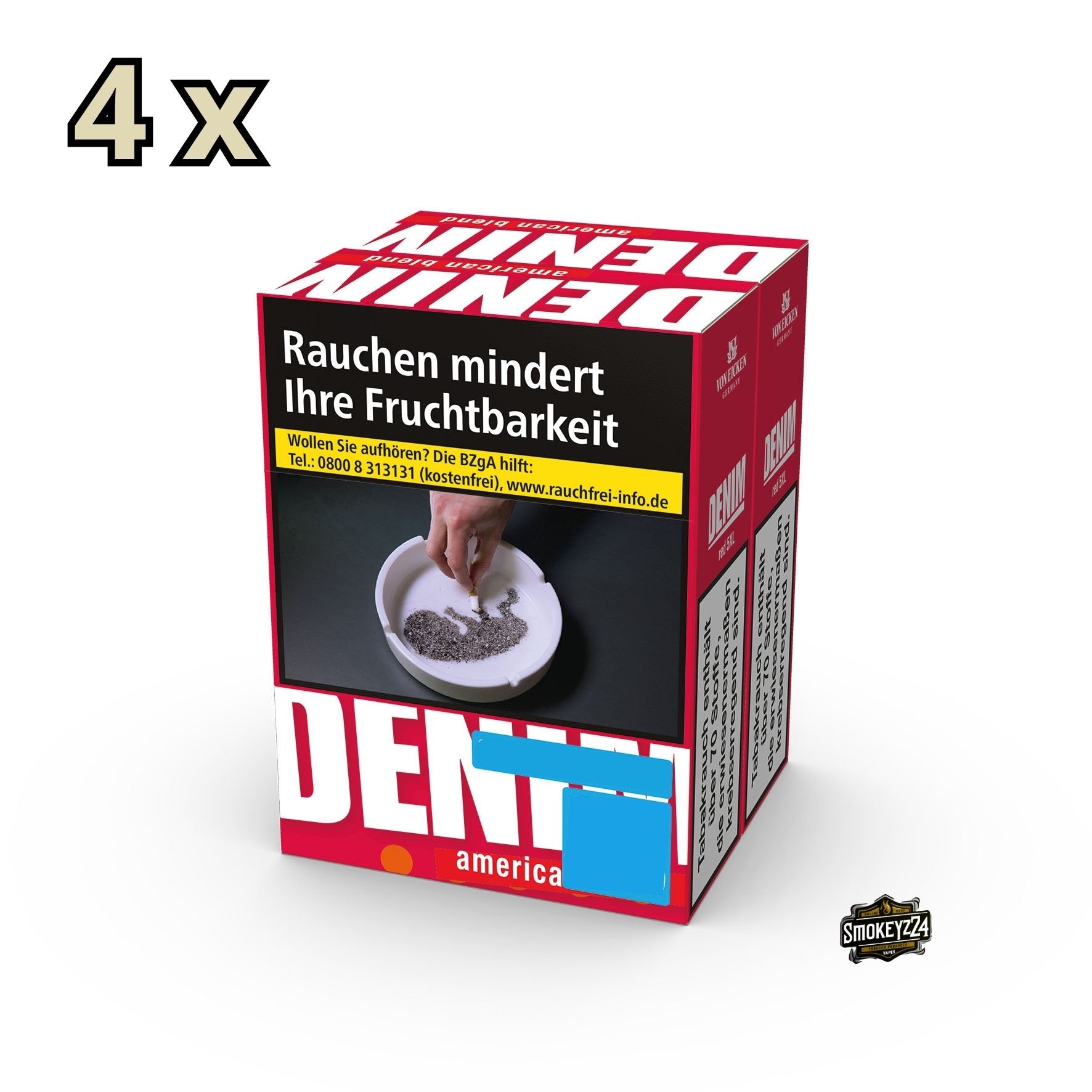 Denim Red Zigaretten – Stange mit 4 Duo Packs, jeweils 2 Schachteln à 30 Stück, starke American Blend Zigaretten.