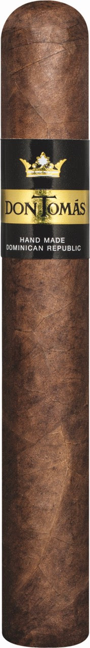 Don Tomas Dominican Robusto Zigarre einzeln präsentiert, Robusto-Format mit markanter schwarz-goldener Banderole
