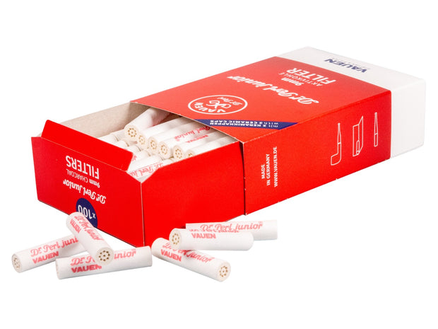 Geöffnete Dr. Perl Junior 9mm Aktivkohlefilter 100er Packung, einzelne Filter sichtbar, hochwertiger Vorrat