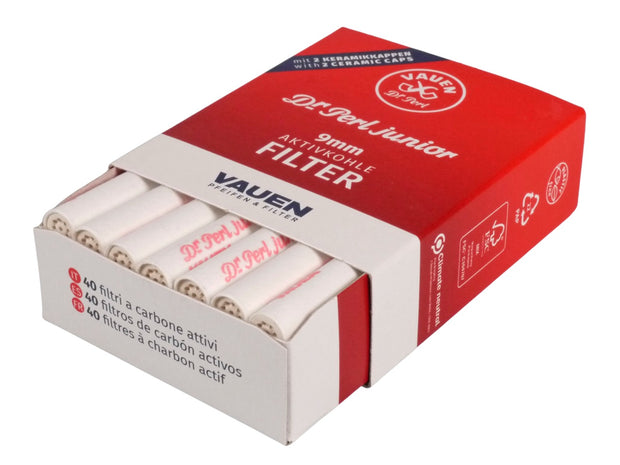Geöffnete Dr. Perl Junior 9mm Aktivkohlefilter Packung, einzelne Filter sichtbar, hochwertige Filter